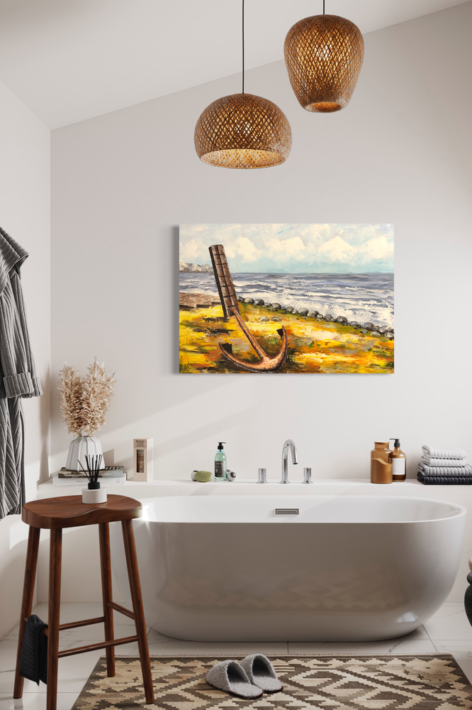 Een schilderij met een anker