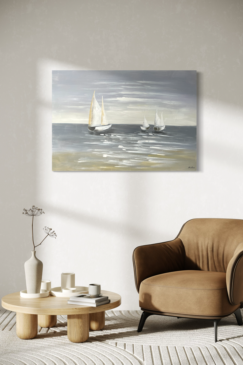 Een schilderij met zeilboten