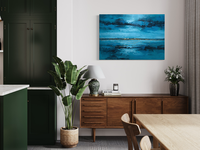 Een blauw abstract schilderij