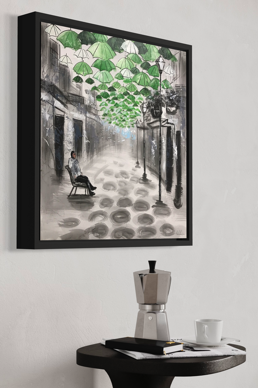 Een schilderij met paraplu's
