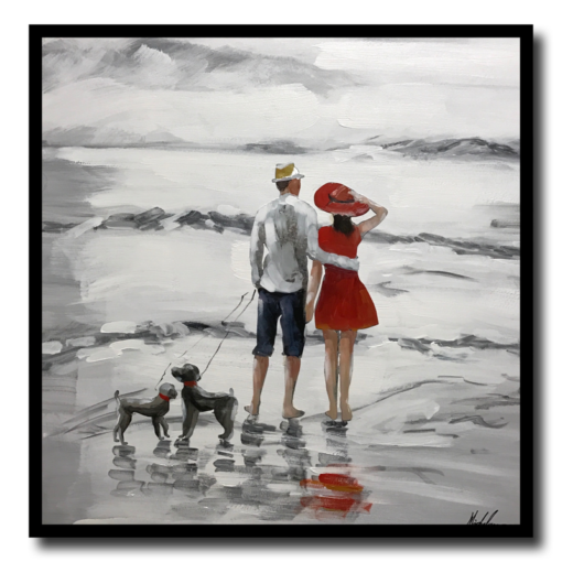 Een schilderij met een wandelend stel
