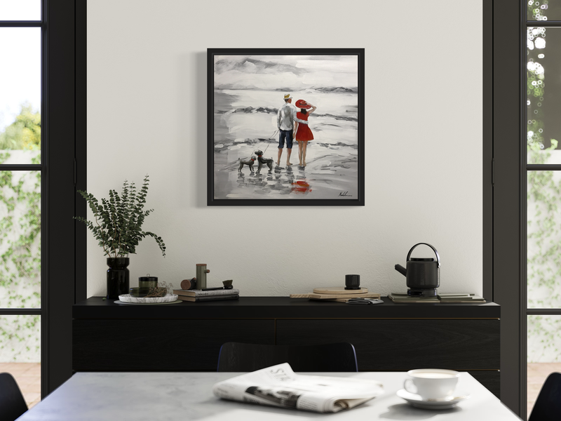 Een schilderij met een wandelend stel