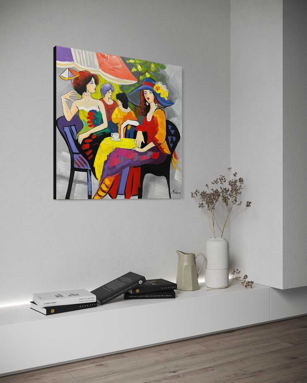 Een schilderij van vrouwen in gesprek