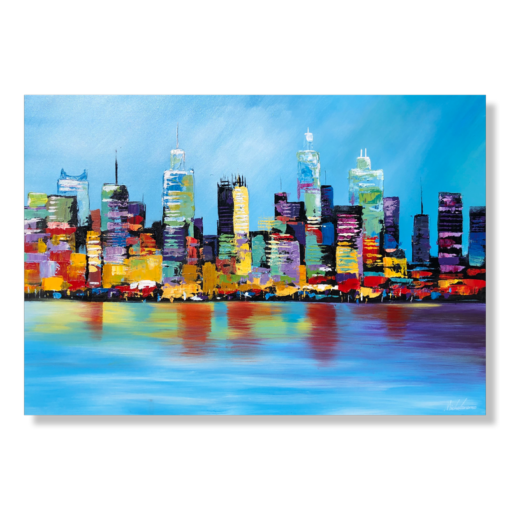 een schilderij met een skyline