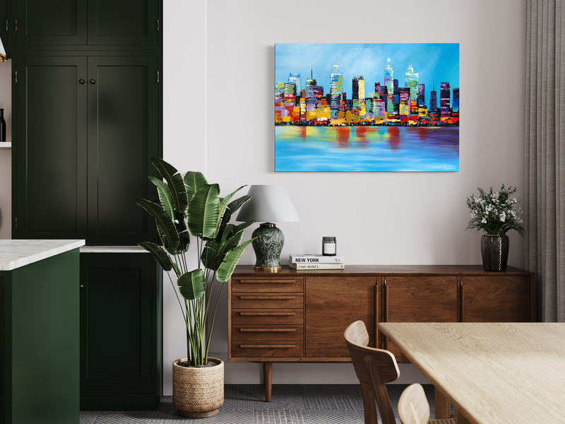 een schilderij met een skyline