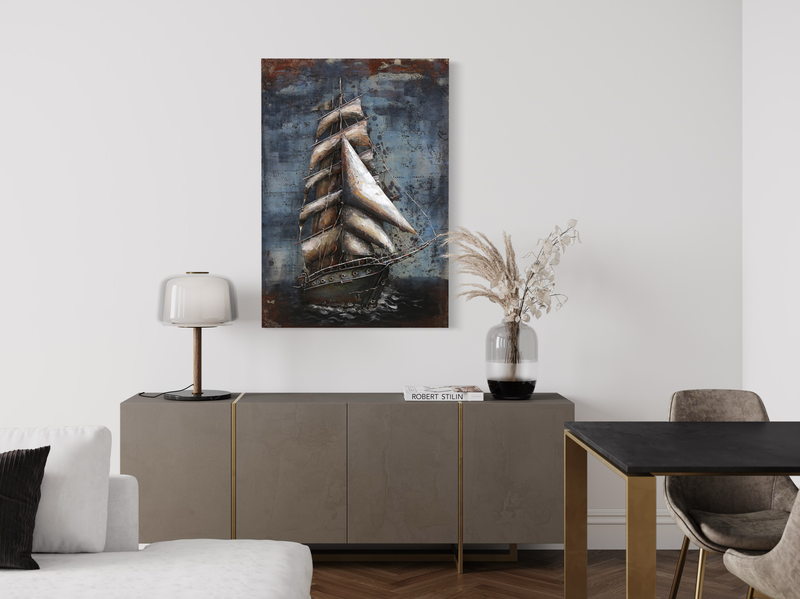 Een schilderij met een grote schoener.