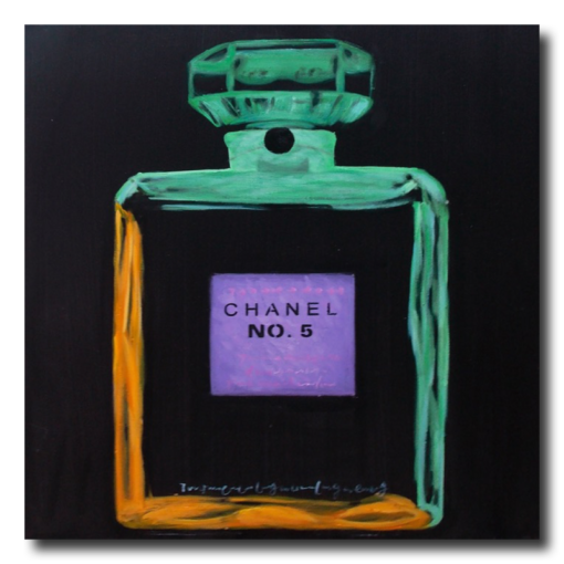 Een schilderij met een fles coco chanel