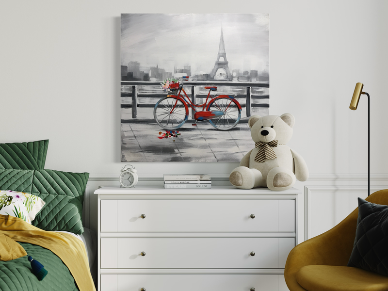 Een schilderij met een fiets