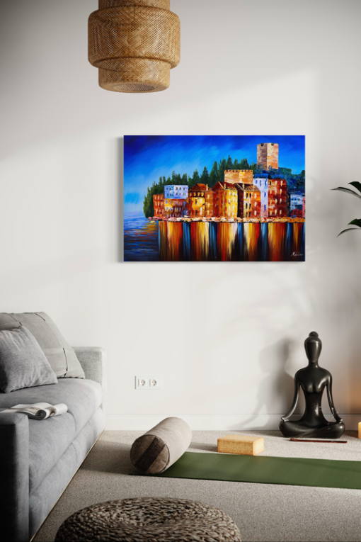 Een schilderij van een kleurrijke stad in de schemering