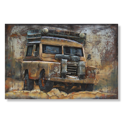 Een kunstwerk met een Land Rover Defender.
