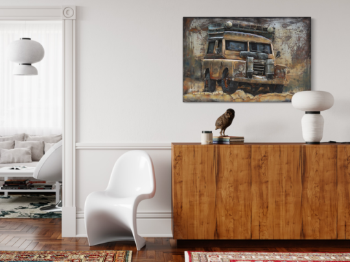 Een kunstwerk met een Land Rover Defender.