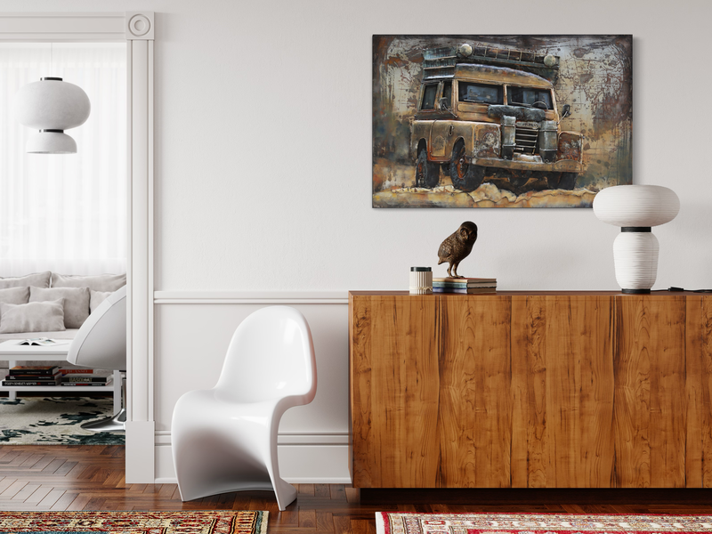 Een kunstwerk met een Land Rover Defender.