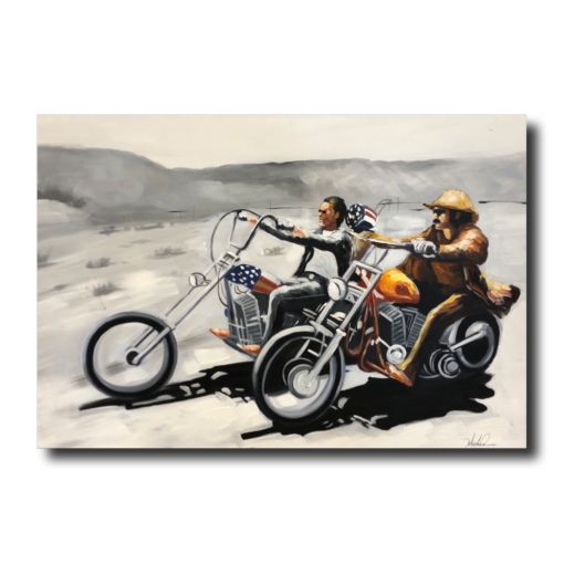 een schilderij van motorfietsen