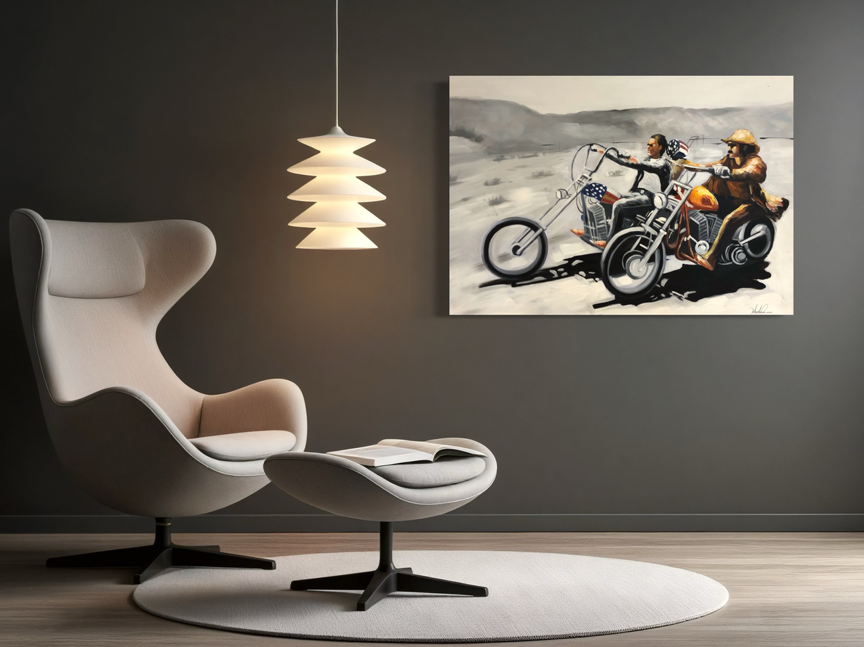 Een schilderij met motorfietsen
