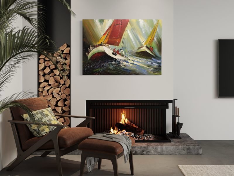 Een schilderij met zeilboten