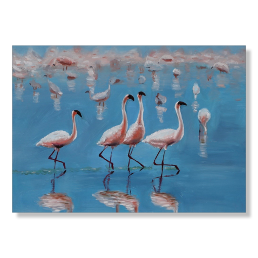 Een schilderij met flamingo's