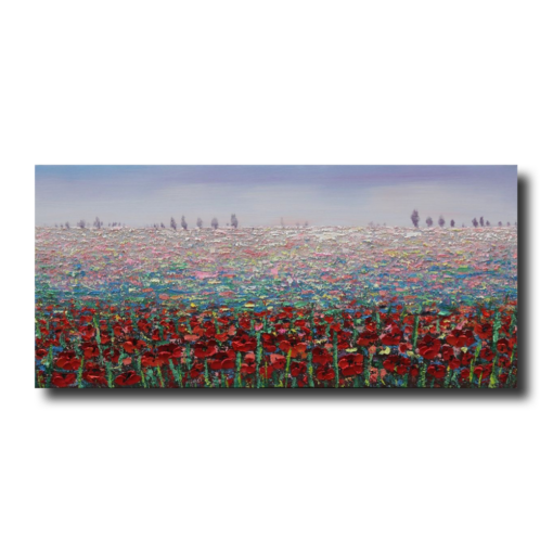 Een schilderij met een bloemenweide