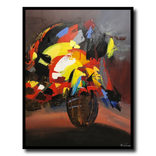 Een schilderij met een bloemenvaas
