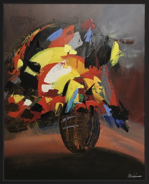 Een schilderij met een bloemenvaas