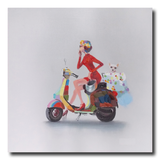 Een schilderij met een vespa