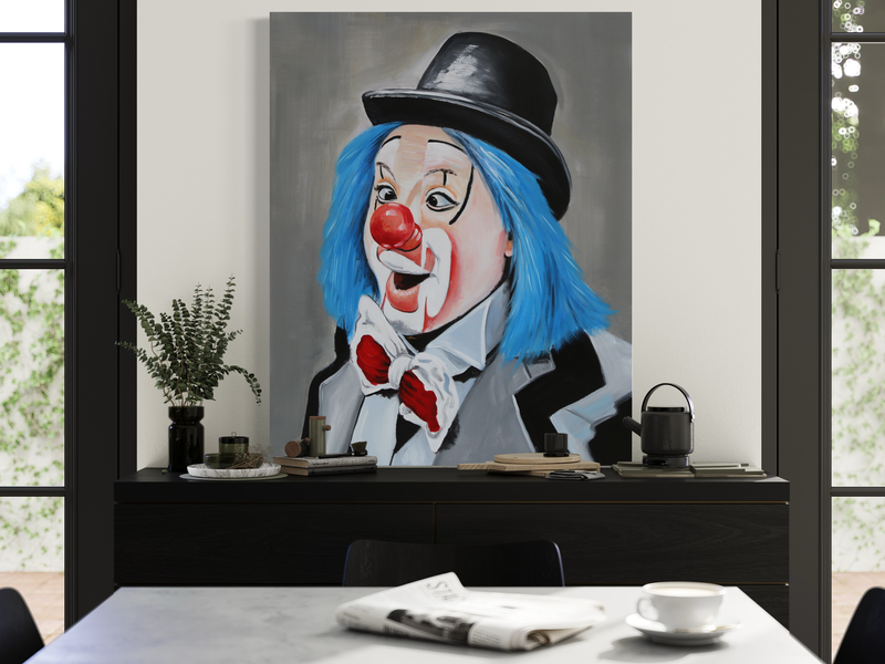 Een schilderij met een clown