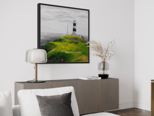 Een schilderij met een golfbaan