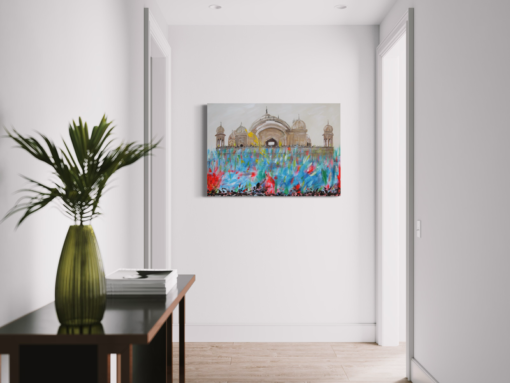 Een schilderij met een gebouw
