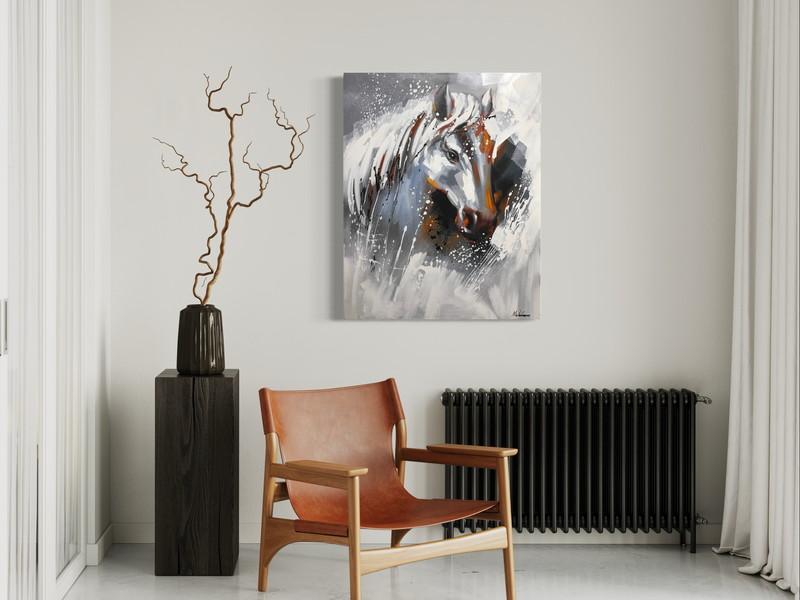 Een schilderij met een paard