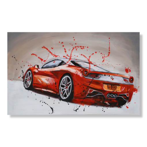 Een schilderij met een Ferrari