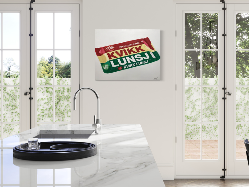 Een schilderij met de klassieker Kvikk lunsj