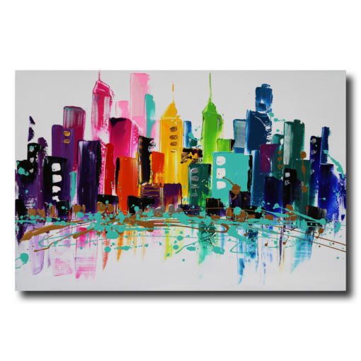 Een kleurrijk schilderij met een skyline