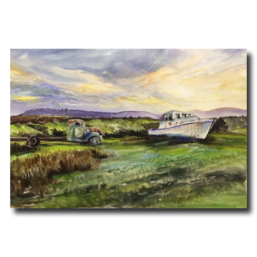 Een schilderij met een boot en een auto