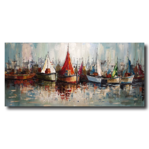 Een schilderij met zeilboten