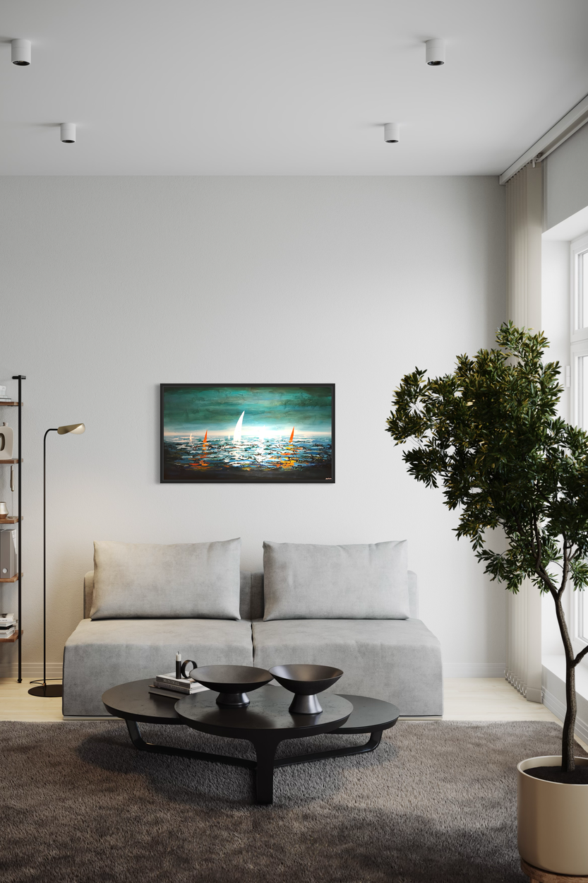 Een schilderij met zeilboten