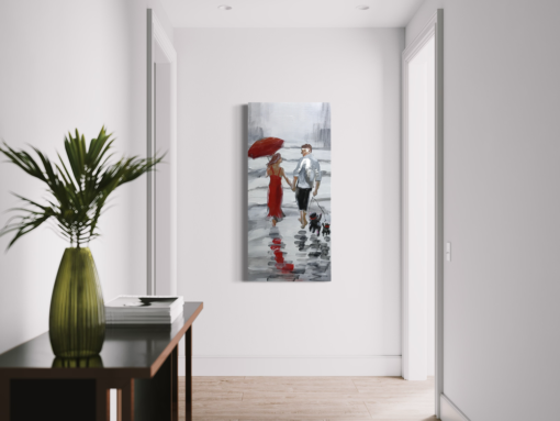 Een schilderij met een stel op wandeling