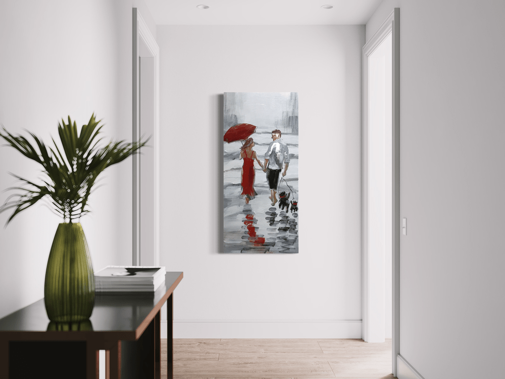 Een schilderij met een stel op wandeling