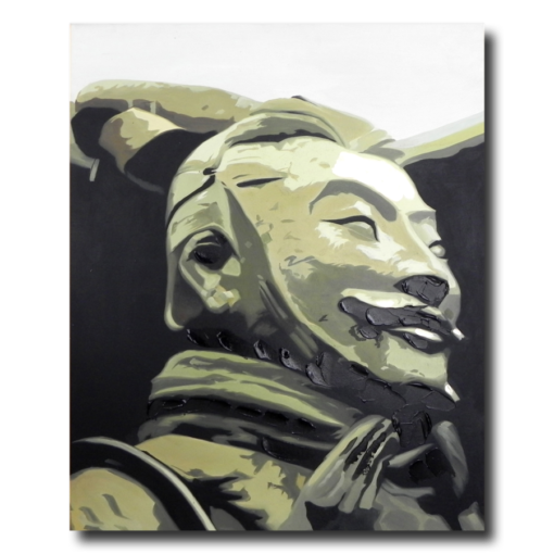Een schilderij met een standbeeld