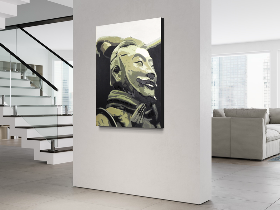 Een schilderij met een standbeeld