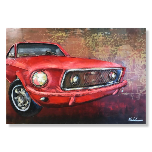 Een schilderij met een rode mustang