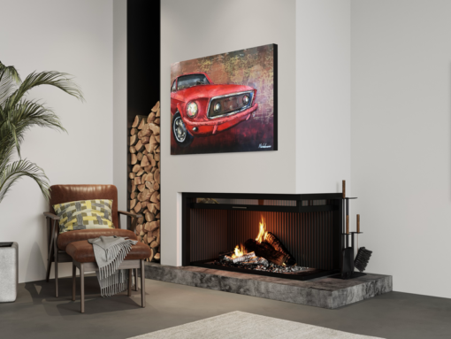 Een schilderij met een rode mustang