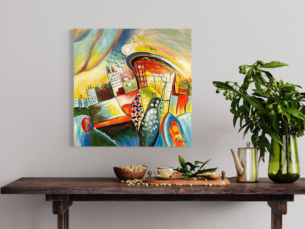 Een schilderij met een stad