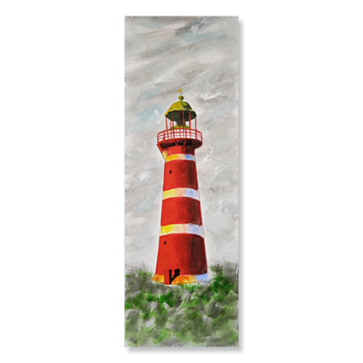 Een schilderij met een vuurtoren