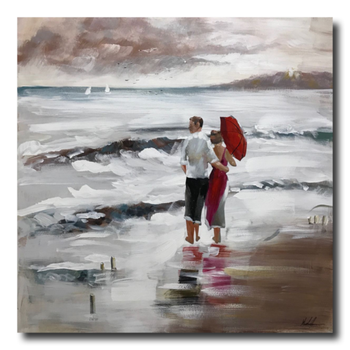 Een schilderij van een strand