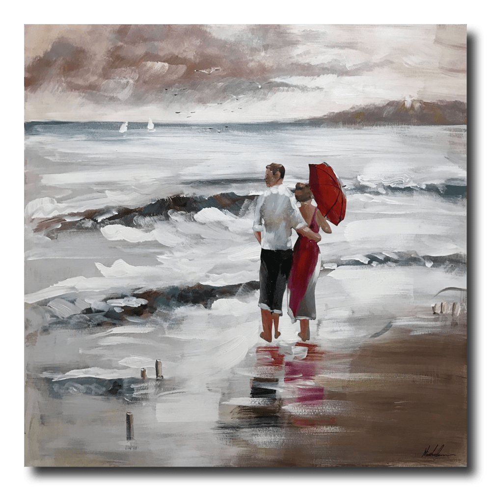 Een schilderij van een strand