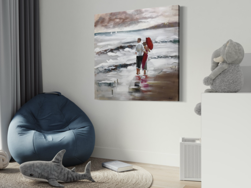 Een schilderij van een strand