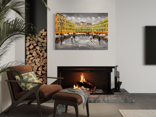 Een schilderij met stedelijke motieven