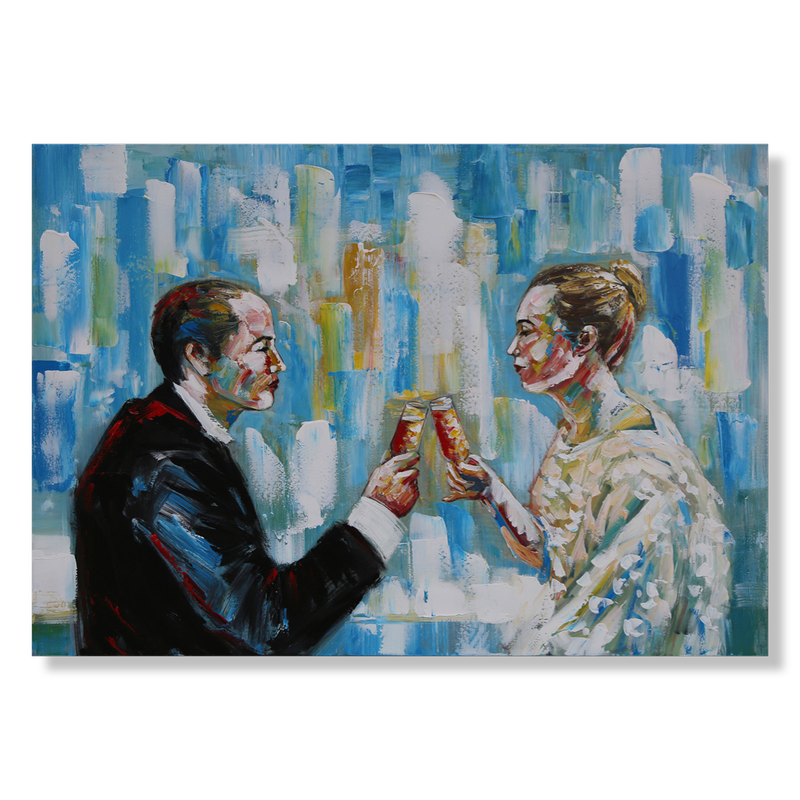 Een schilderij met een glaasje champagne