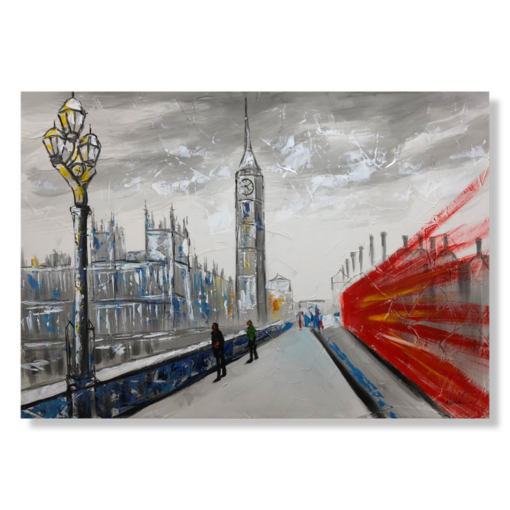 Een schilderij met een rode Londense bus