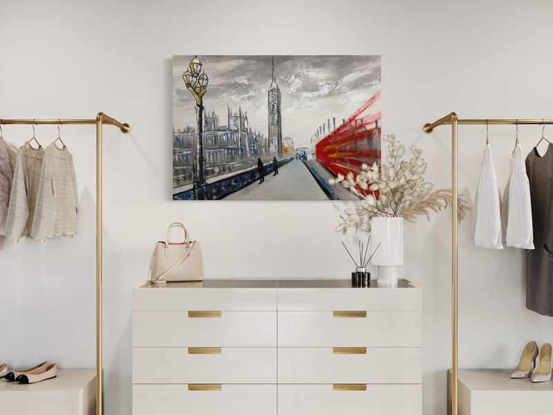 Een schilderij met een rode Londense bus