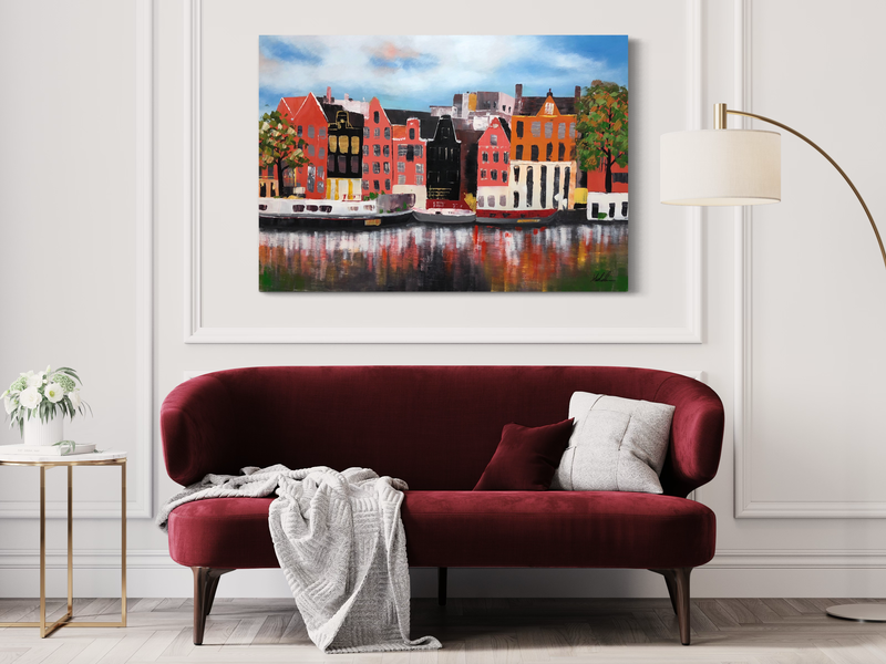 Een schilderij met grachtenpanden